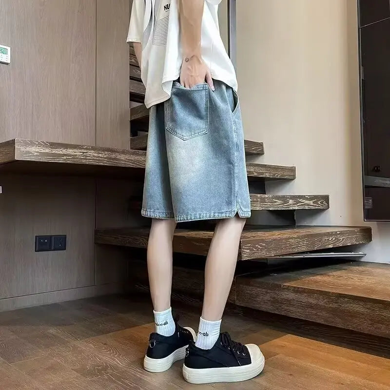 Threebooy Summer Men's Straight Drawstring Denim Shorts Elastic Waist Washed Loose Short Jeans Stretch Hip Hop Clothing Male Shorts