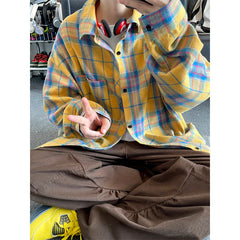 Threebooy Spring Long Sleeved Shirt Men Oversized Retro Plaid Shirt Men Japanese Streetwear Loose Casual Shirt Mens Vintage Shirts M-3XL