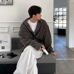 Threebooy Winter Clothing Men's Light Luxury Knit Hooded Cardigan Sweater Korean Vintage Popular Zipper Long Sleeve Loose Hoodie Knitwear