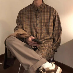 Threebooy Men's Fashion Coffee Checkered Long Sleeved Shirt Blouse Spring Autumn Elegant Loose Shirt Jacket