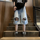 Threebooy 2024 Summer Men's Vintage Fashion Hiphop Hole Denim Shorts Male Wide Leg Five-Point Pants Men Loose Jeans Short Pants