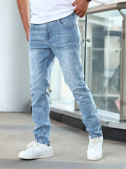 Threebooy  1pc Men'S Casual Slim Fit Stretch Jeans, Chic Street Style Distressed Denim Pants