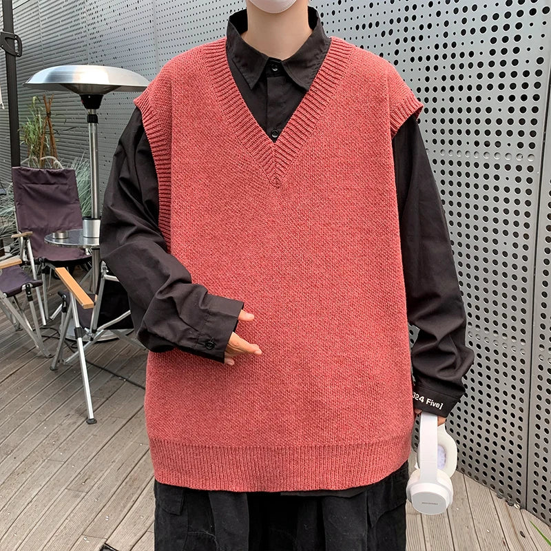 Threebooy Autumn Streetwear Mens Loose Sweater Vest Casual Thermal Oversized Winter Sweater Vest Men Sweater Vest  for Daily Wear