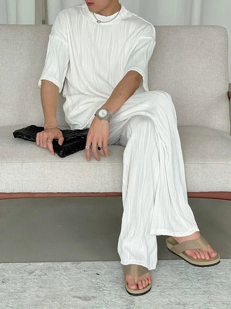 Threebooy Mature Style Two-piece Set of Wavy Pleated Short-sleeved T-shirt Men's Loose Casual Straight-dial Long Trousers Tracksuit Summer