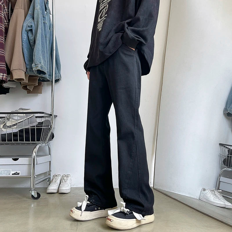 Threebooy  New Men's Patchwork Bootcut Jeans Elastic Waist Vintage Classic Blue Black Denim Trousers Fashion High Street Korean Male Pants
