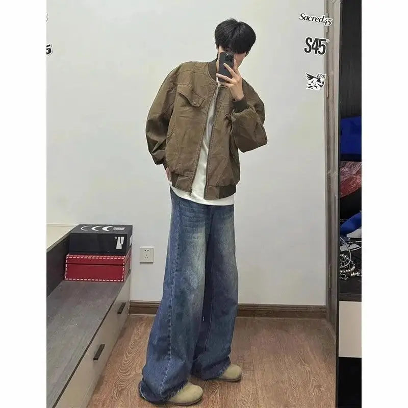Threebooy American Retro Multi-zipper Design Jacket for Men Women Autumn High Street All-match Bomber Coat Baseball Collar Zipper Jacket