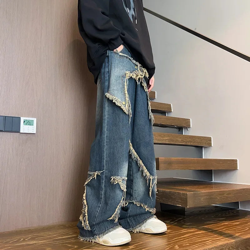 Threebooy Trendy Star-printed Men's Jeans Loose-fit Hip-hop Style Casual Trousers Wide-leg American Style Functional Working Pants