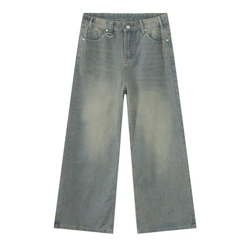 Threebooy  Autumn Men Denim Pants Straight Droop Vintage Loose Bottom Straight Wide Leg Casual Male Trousers Korean Style