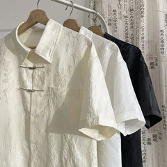 Threebooy Summer Short-sleeved Shirt Men's New Chinese Men's National Trend Shirt Loose Large Size Metal Button Couple's Top Aesthetic