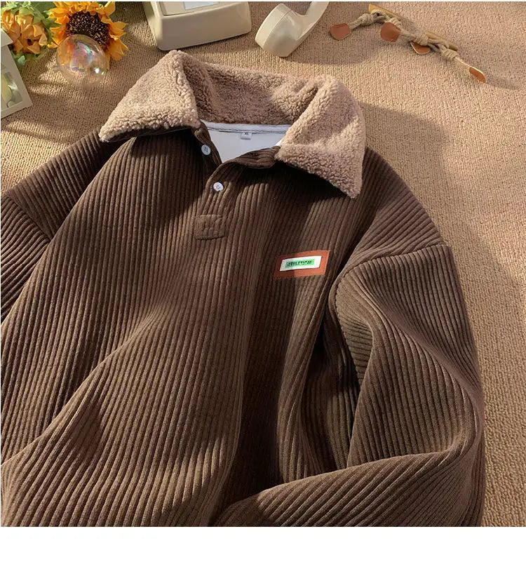 Threebooy Men's Corduroy Polo Shirt Sweater Women's Autumn Winter Fleece Thick Coat Turndown Collar Buttons Long Sleeves Warm Tops