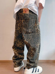 Threebooy  Autumn Tan Leopard Jeans Men Denim Pants Male Oversize Wide Leg Trousers Streetwear Hip Hop Vintage Loose Casual Animal Print