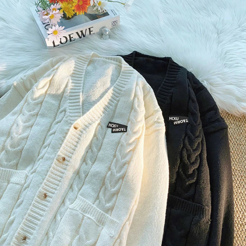 Threebooy Letter Twists Cardigan Sweater Men New Preppy Grunge Cityboy Knit Jacket Japan Couple Casual V-neck Sweater Coat