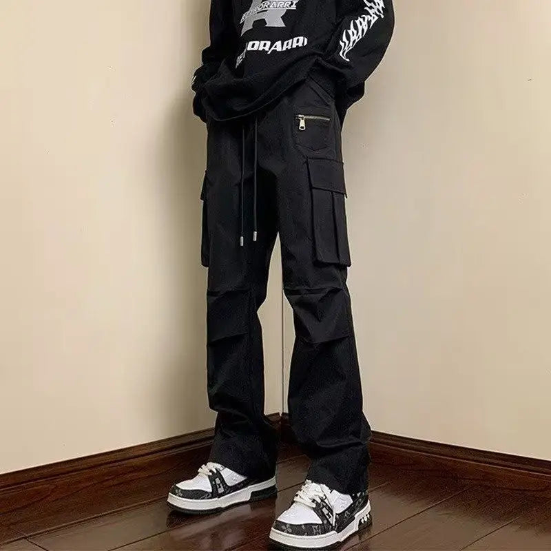 Threebooy  Men's Black Straight Cargo Pants Spring Autumn Winter Streetwear Casual Trousers American Style Sports Long Pants
