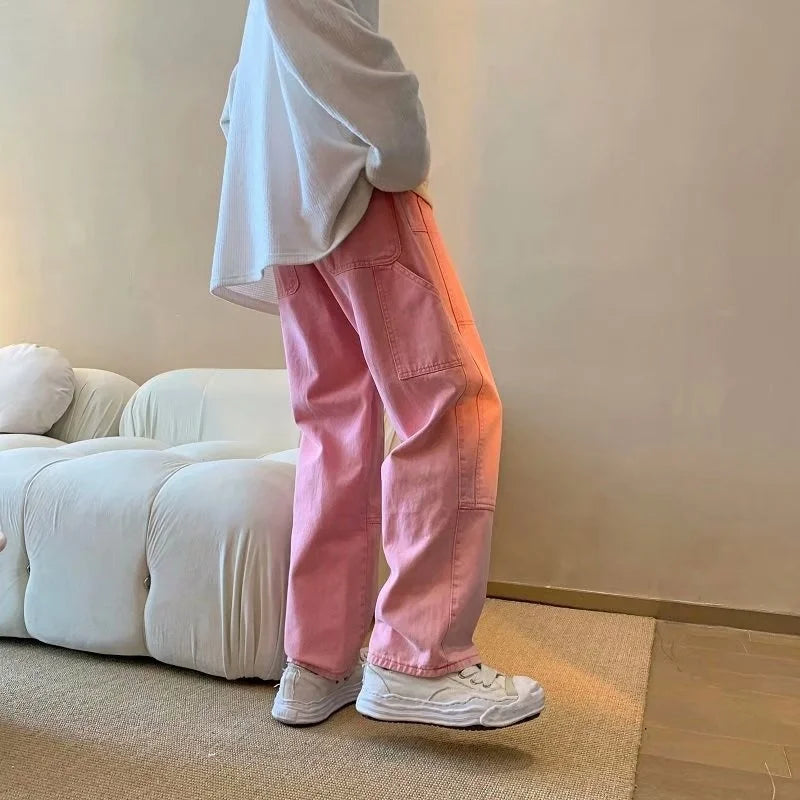 Threebooy  Summer Pink Jeans Men Fashion Retro Pocket Cargo Jeans Men Streetwear Hip Hop Loose Straight Denim Pants Mens Trousers S-3XL