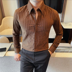 Threebooy  Autumn Winter Men's Long Sleeved Shirt Pointed Collar Striped Casual Business Dress Shirt Men Slim Elastic Non Ironing Shirts