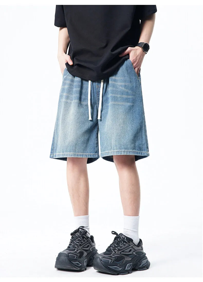 Threebooy Mens Denim Shorts Elastic Waist Drawstring Washed Classic Casual Summer Streetwear Vintage Stonewash Comfort Fit 2025 Fashion