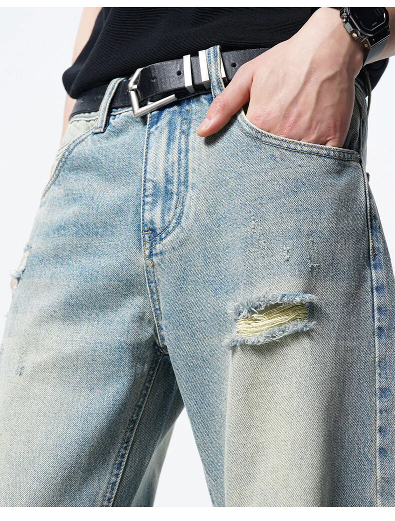 Threebooy Men Straight Leg Vintage Blue Washed Denim Jeans Casual Ripped Distressed Trousers Classic Retro Style Comfortable Streetwear