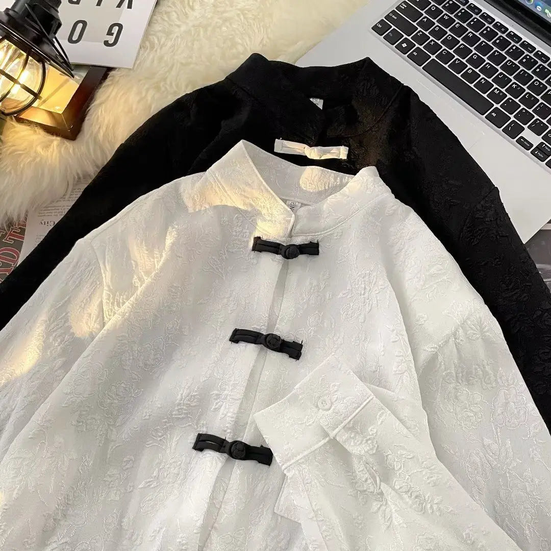 Threebooy Chinese Style Blouse Buckle Stand Collar Shirt Korean 2025 Summer New Trend Embroidered Pattern Vintage Shirt Jacket