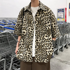 Threebooy Brown/Gray Leopard Printed Shirt Men Loose Breathable Men's Shirts Summer Male Shirt High Street Casual Short Sleeve Tops