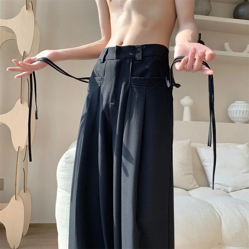 Threebooy Men's Loose Wide Leg Pants Fashion Trend Cotton Casual Pants Business Design Silk Formal Trousers Apricot/black Suit Pants