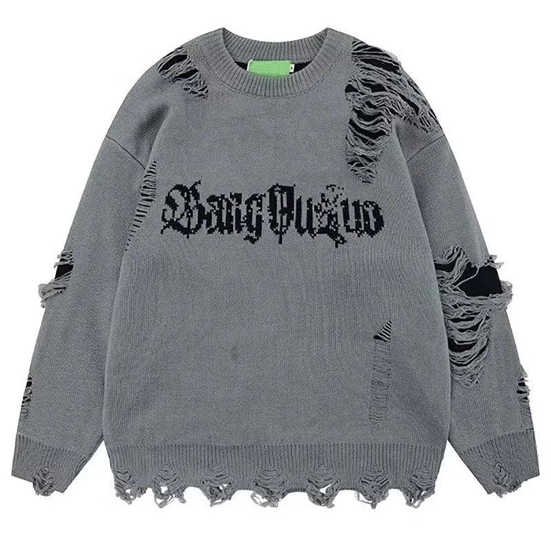 Threebooy New Hole Sweater Male Autumn Vintage High Street Gothic Dark Pullover Round-Neck Knit Design Irregular Letters Oversize Sweater
