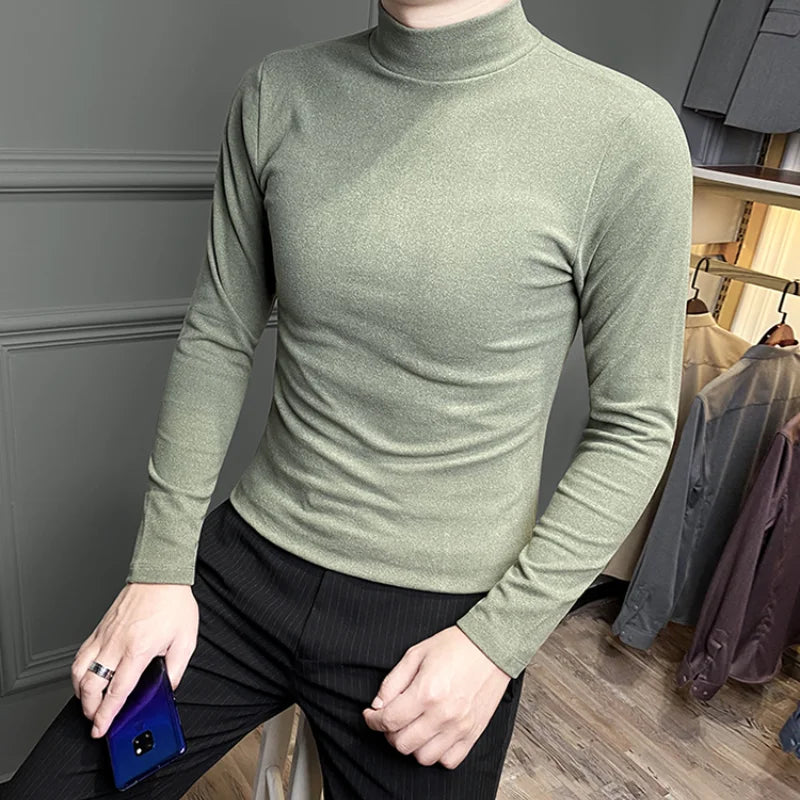 Threebooy Casual Men High Quality Spring and Autumn Solid Color Half A Turtleneck Long Sleeve Slim Base Shirt Men's Double-Faced Pile