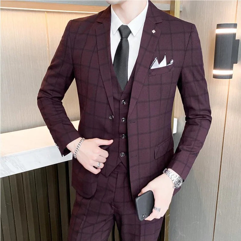 Threebooy (Jacket+Vest+Pants) Men Dress Suits British 3Piece Men Wedding Suit Autumn Men Business Formal Plaid Suit Male Luxury Slim Dress