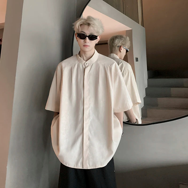 Threebooy Harajuku Blouses Men Bamboo Leaf Print Shirt Streetwear Button Up Short Sleeve Shirts Chinese Style Tops Unisex Cool Summer