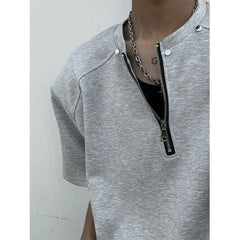 Threebooy  Gray heavy half-zipper design short-sleeved T-shirt men's shoulder padded American high street handsome five-point sleeves