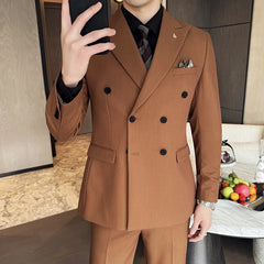 Threebooy  Brown Double-Breasted Men's Casual Suit Three-Piece Set Wedding Dress New Style for Groomsmen And Special Occasions