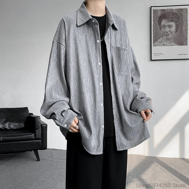 Threebooy High Quality Long Sleeve Ice Silk Shirts Men Loose Daily Casual Single Breasted Popular Streetwear Male Spring Autumn Harajuku