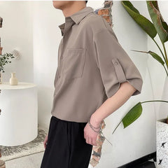 Threebooy Simple Korean Short Sleeved Men Summer Solid White Shirt Lapel Button Pocket Harajuku Fashion Trendy Loose Casual Thin Male Top