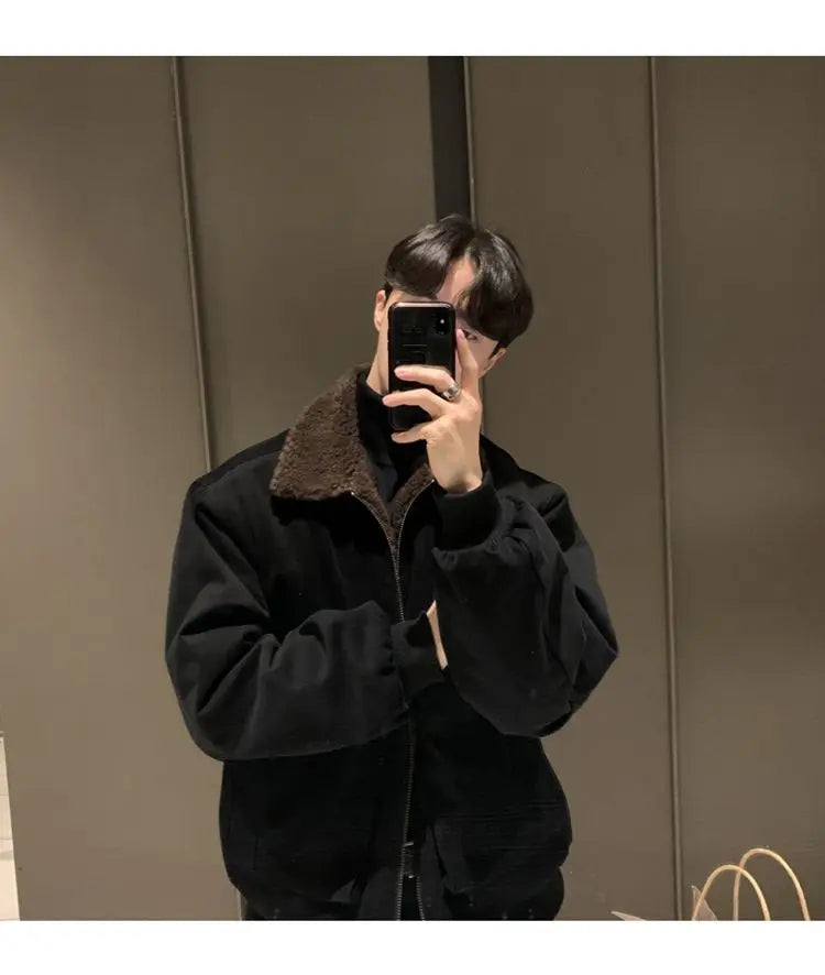Threebooy Lamb Coat Men's Winter Velvet Thickened Short Autumn High Street Jacket Turndown Colllar Long Sleeves Zipper Pockets Jackets