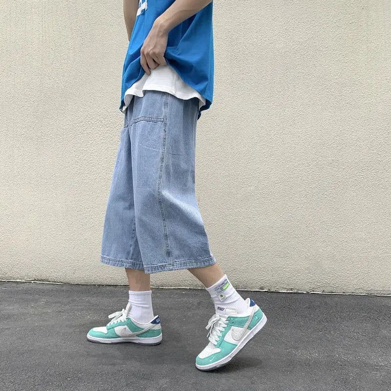 Threebooy New Summer Fashion Straight Leg Jeans For Men's Korean Light Blue Slim Fit Loose Luxury Brand Design Casual Wide Leg Shorts