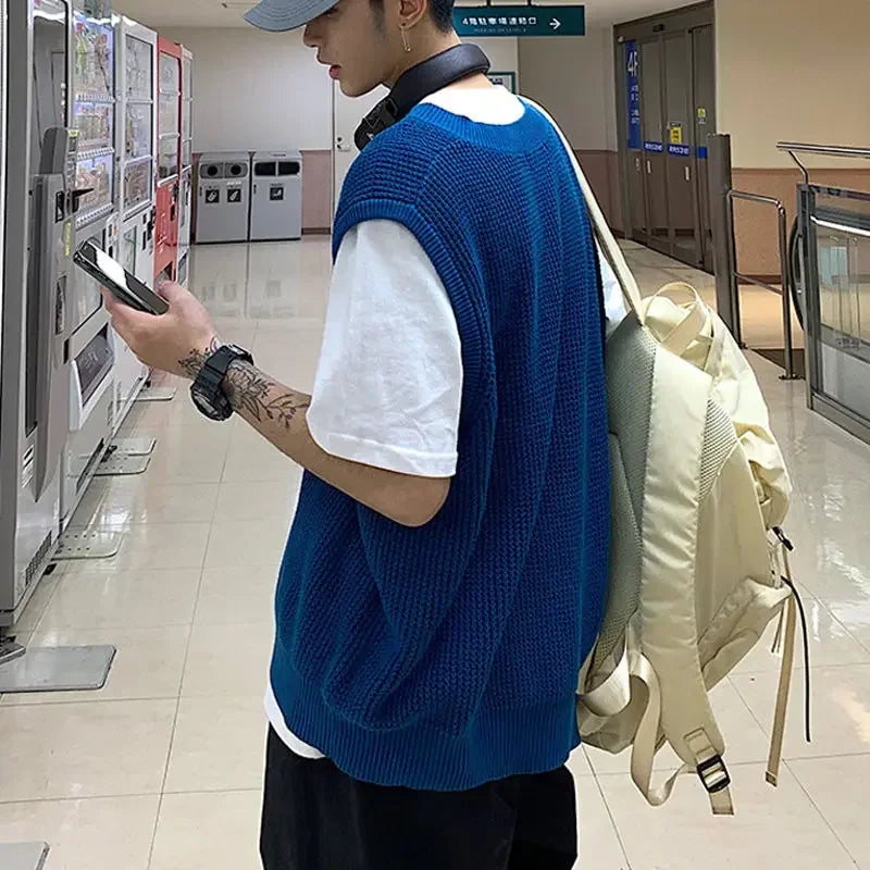 Threebooy Men's Clothing Solid Color Vest V Neck Waistcoat Knit Sweater Male Plain Blue Baggy Sleeveless Korean Style Spring Autumn 2024 X