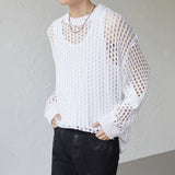 Threebooy 2024 New Men's Vintage Loose Smock Tops Summer Fashion All-match Casual Geometic Hollow Out Outfits See-though Knit Shirts