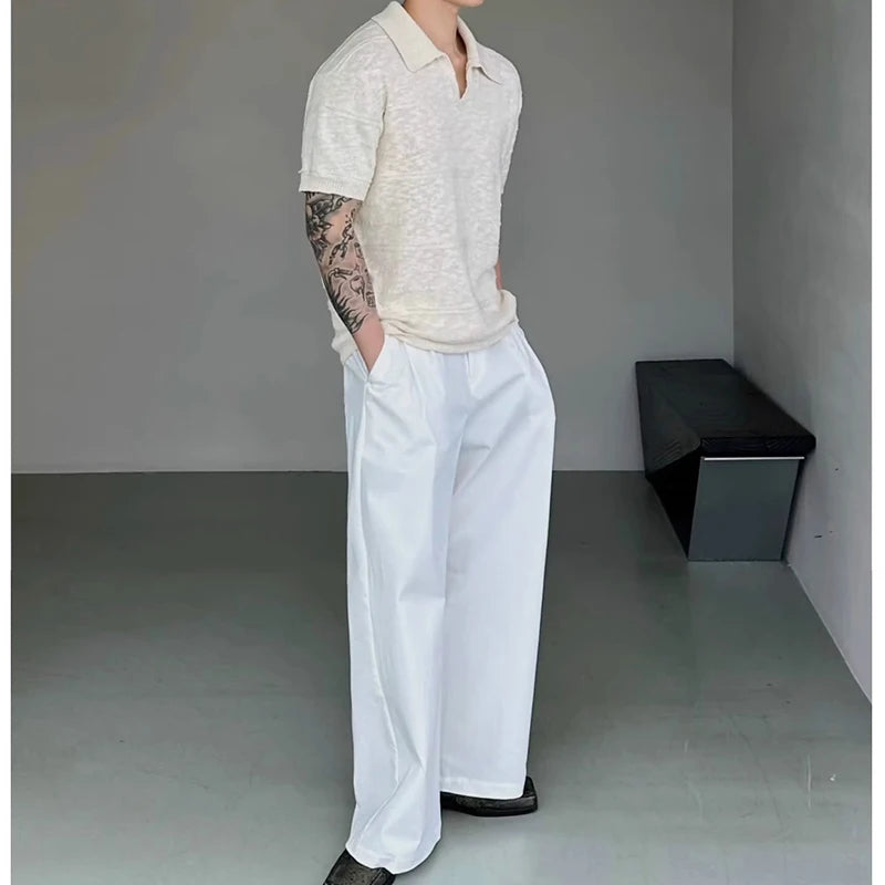 Threebooy  New Trend Men Seagull Collar Polo Shirt Light Luxury Textured Slim T-shirts Leisure Short Sleeve Solid Color Breathable Knitwear