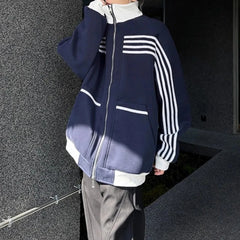Threebooy  American Street Striped Contrast Color Stitching Zipper Cardigan Stand Collar Sweatshirt Men 2025 Spring Autumn New Y2k Jacket
