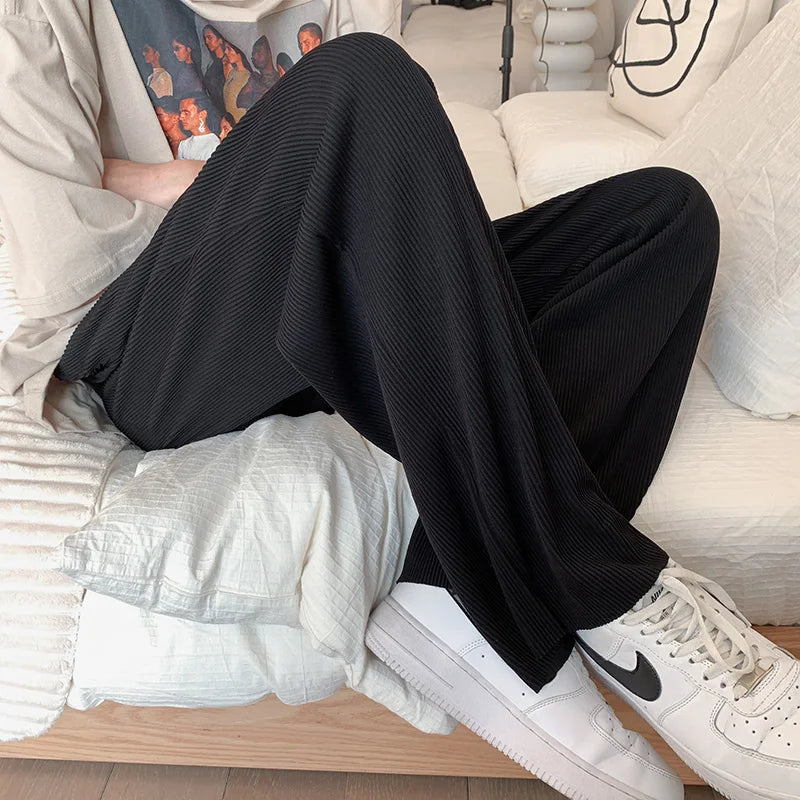 Threebooy  Summer Pleated Pants Men Oversized Gray Black Casual Trousers Men Japanese Streetwear Loose Wide Leg Pants Mens Ice Silk Pants