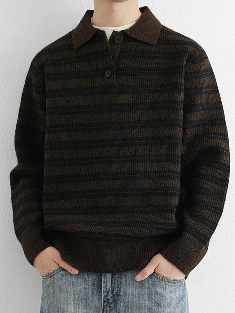Threebooy  Autumn Retro Colorblock Striped Polo Collar Knitwear For Men Korean Fashion Long Sleeve Knitted Pullovers Fleece Y2K Sweaters
