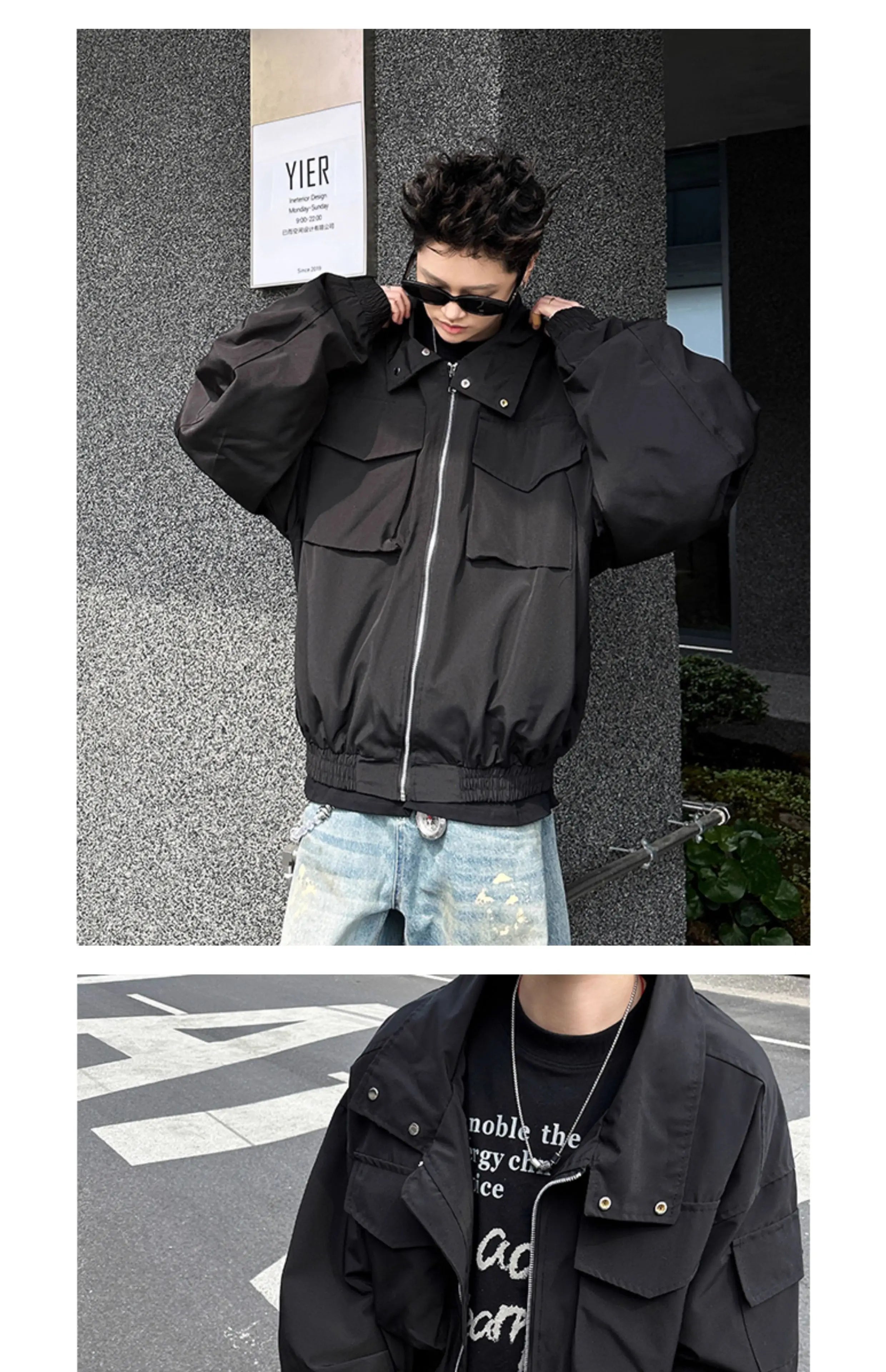 Threebooy Outdoor Work Jacket Men's Spring Autumn American Retro Zipper Coat Silhouette Bomber Handsome High Street Flying Work Jacket