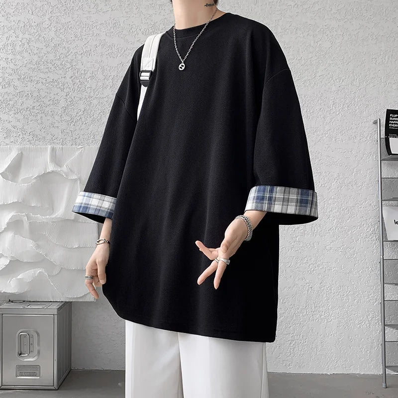 Threebooy men t shirts Loose Summer Men's T-shirts Women Oversized Korean Style Plaid T-shirt Casual Seven sleeves T-Shirt Male White