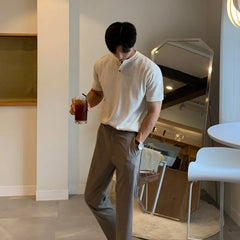 Threebooy  New Fashion Korean Style Men T-shirt Light Luxury Knitted Henry Collar Tops Casual Solid Color Short Sleeve Breathable Knitwear