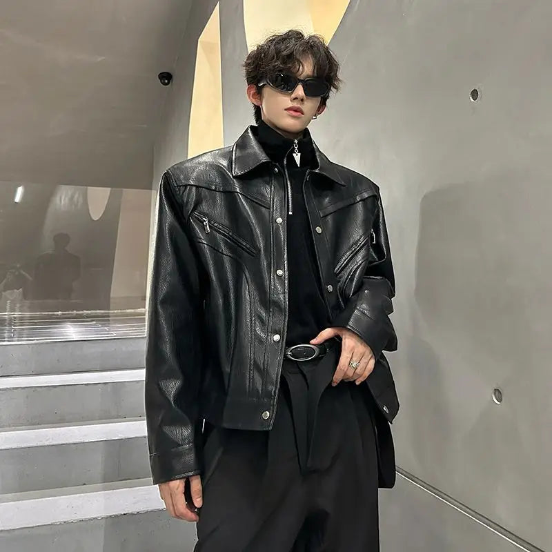 Threebooy American Retro Shoulder Pad Short Leather Jacket Men's Spring Deconstruction High-end Fashion Trend Vintage Motorcycle Jacket