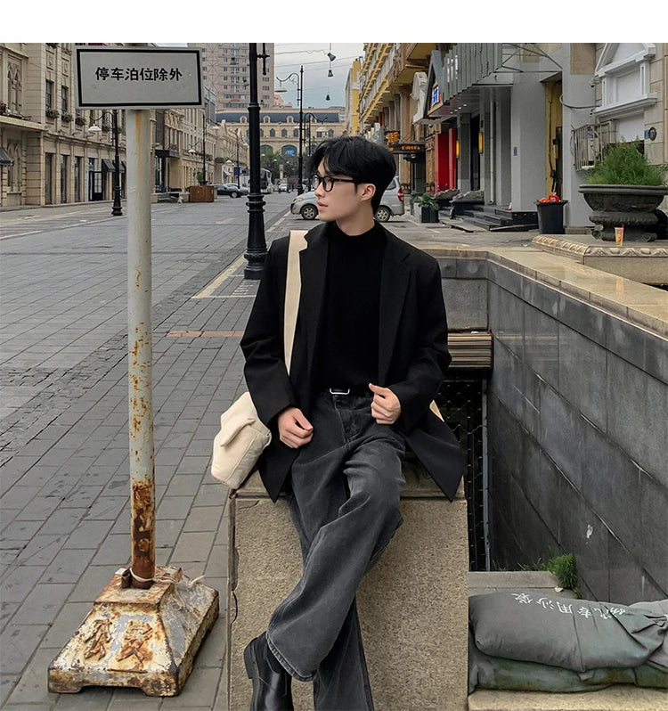 Threebooy Oversized Korean Style Men's Loose Casual Small Suit, Men's 2024 Autumn New Padded Shoulder Suit Jacket Unisex Top