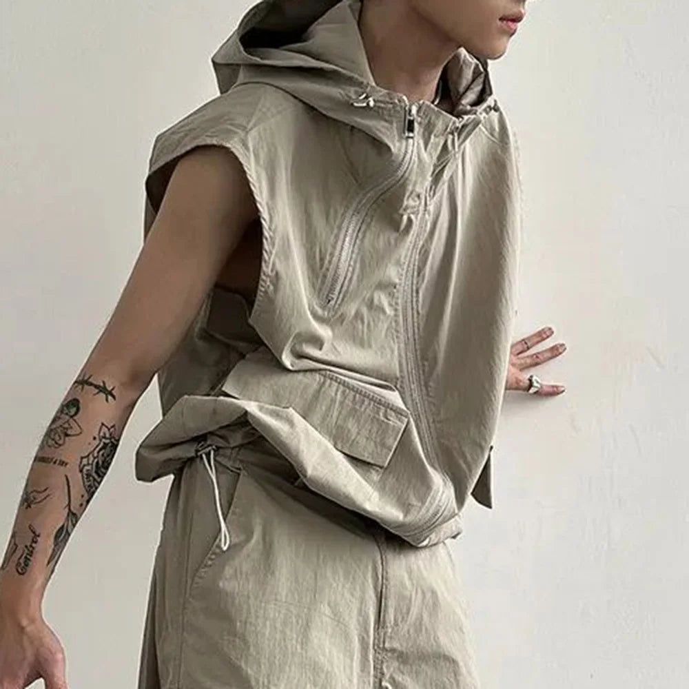 Threebooy Men Cargo Hooded Vest Summer Zipper Sleeveless Tops Male Korean Streetwear Hip Hop Unisex Hoodie Coat Fashion Waistcoat Jacket