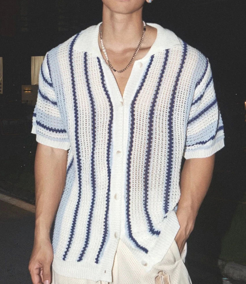 Threebooy  American Style Hard Man Hollow Knitted Vest Muscle Men's Mesh Perspective Loose Sleeveless T-shirt Stripe Mesh Vest Trendy