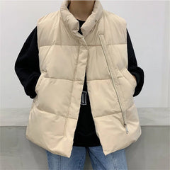 Threebooy Casual Men Waistcoat Loose Stand Collars Sleeveless Zipper Vest Coats Autumn Winter Korean Chic Streetwear Man Coats