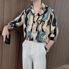 Threebooy  Men's Summer Trendy Vintage Tie Dye Print High Street Ice Silk Shirt Casual Lapel Short Sleeve Pocket Loose Chic Handsome Tops