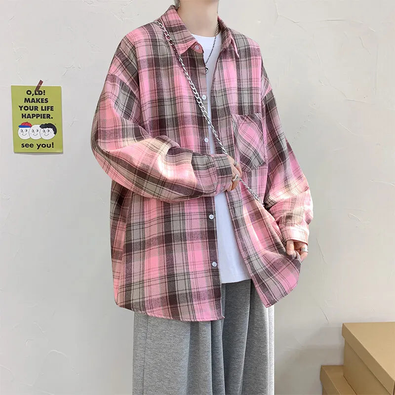 Threebooy Harajuku Long Sleeve Plaid Shirts Men Big Size M-5XL Autumn Chic Loose Vintage High Street All-match Gentleman Camisa